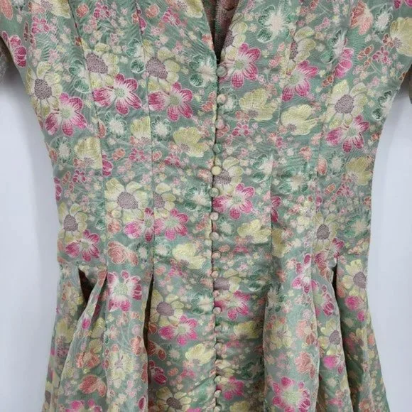 Shein Mini Dress S Pink Colorful Metallic Floral Puff Sleeve Button Front Pleat - Picture 5 of 12